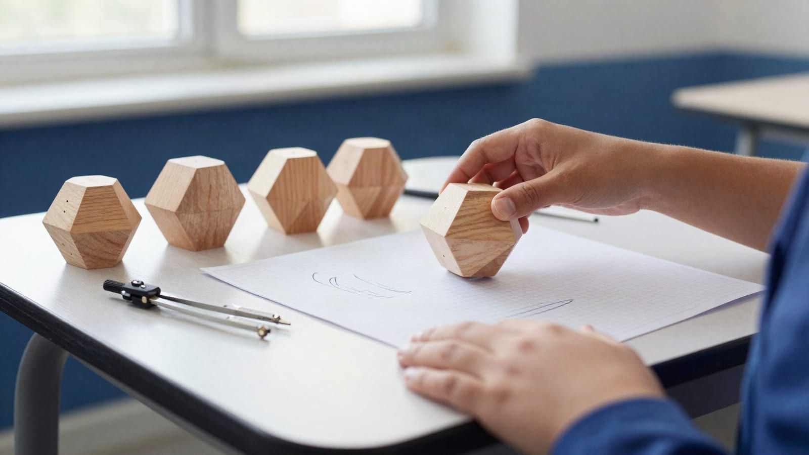 A row of wooden polyhedra models and a compass on a desk, with a student's hand turning a dodecahedron above a sheet of graph paper.