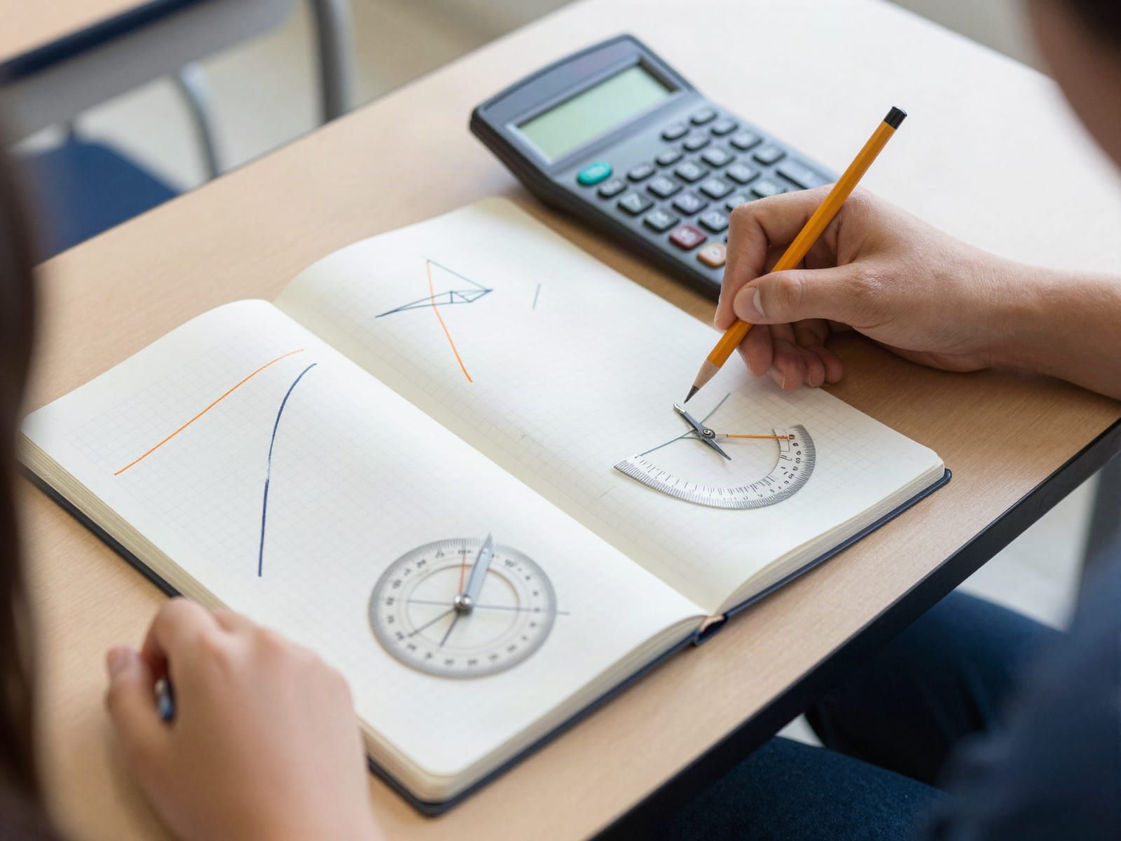 An open graph-paper notebook with a drawn curve and a geometry construction, a protractor, compass and calculator on a desk, and a student's hand holding a pencil.