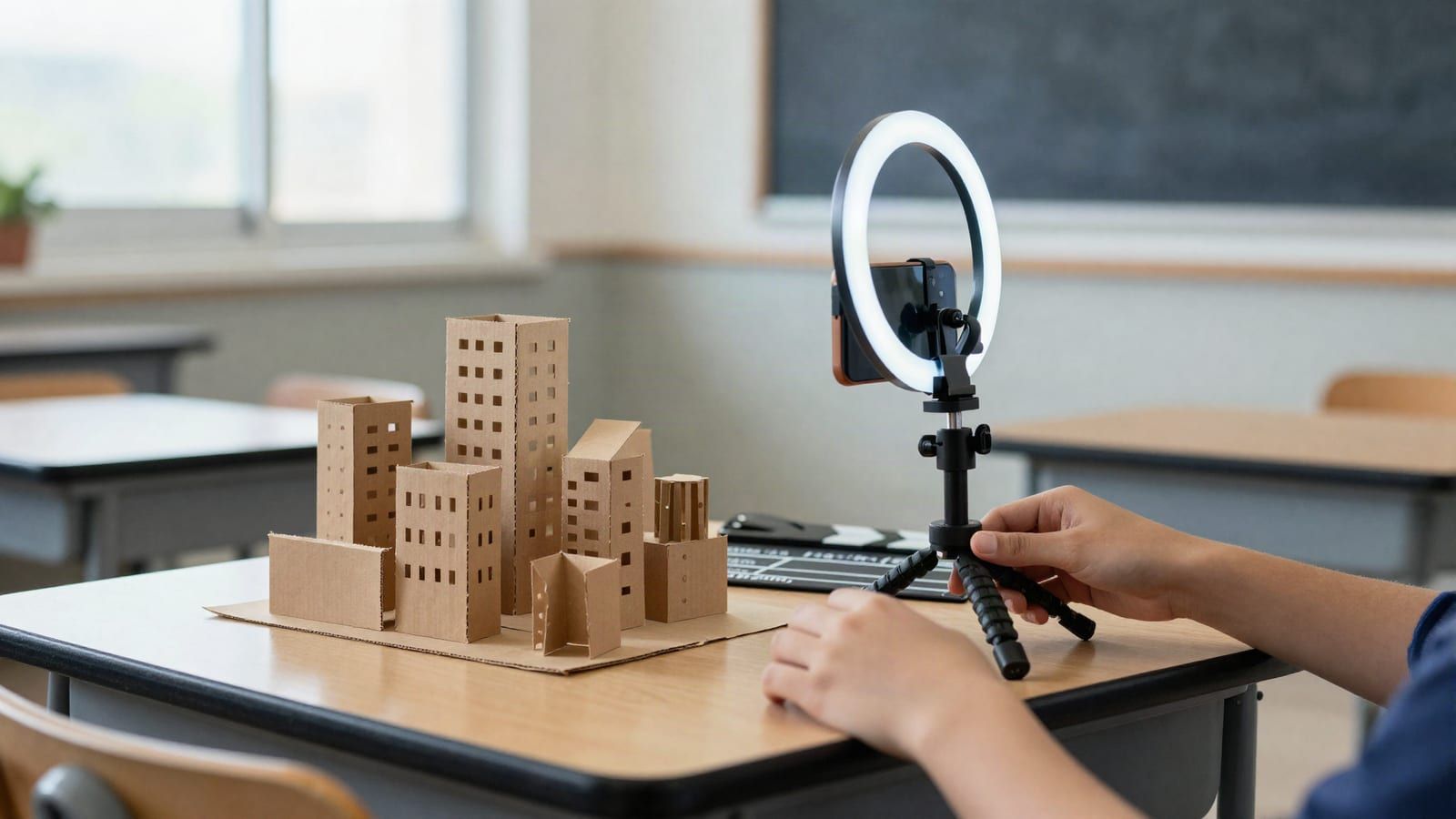 A phone on a small tripod with a ring light filming a hand-built cardboard model city on a classroom table, a student's hands adjusting the tripod, a clapperboard beside it.