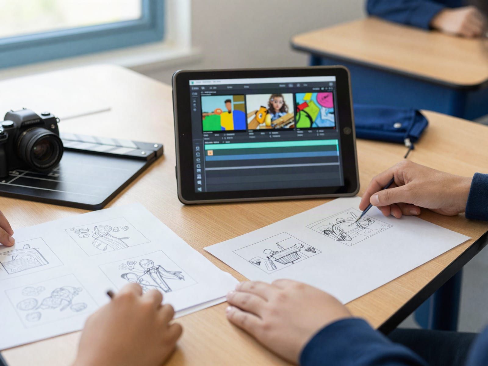 A tablet showing a video-editing timeline of colourful clips, a stack of hand-drawn storyboard frames, a small clapperboard and a compact camera on a classroom table, with students' hands arranging the storyboard cards.