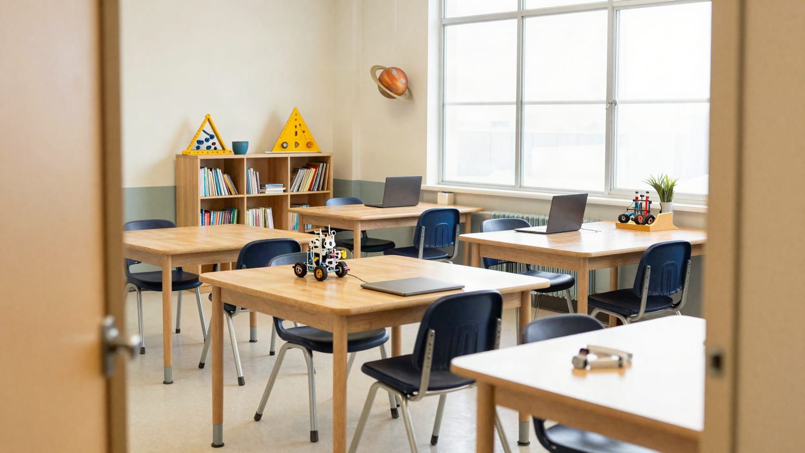 A bright, empty middle-school STEM classroom with light wood tables, small robot kits and laptops, a bookshelf of geometry tools, and a model of the planets hanging near a large window.