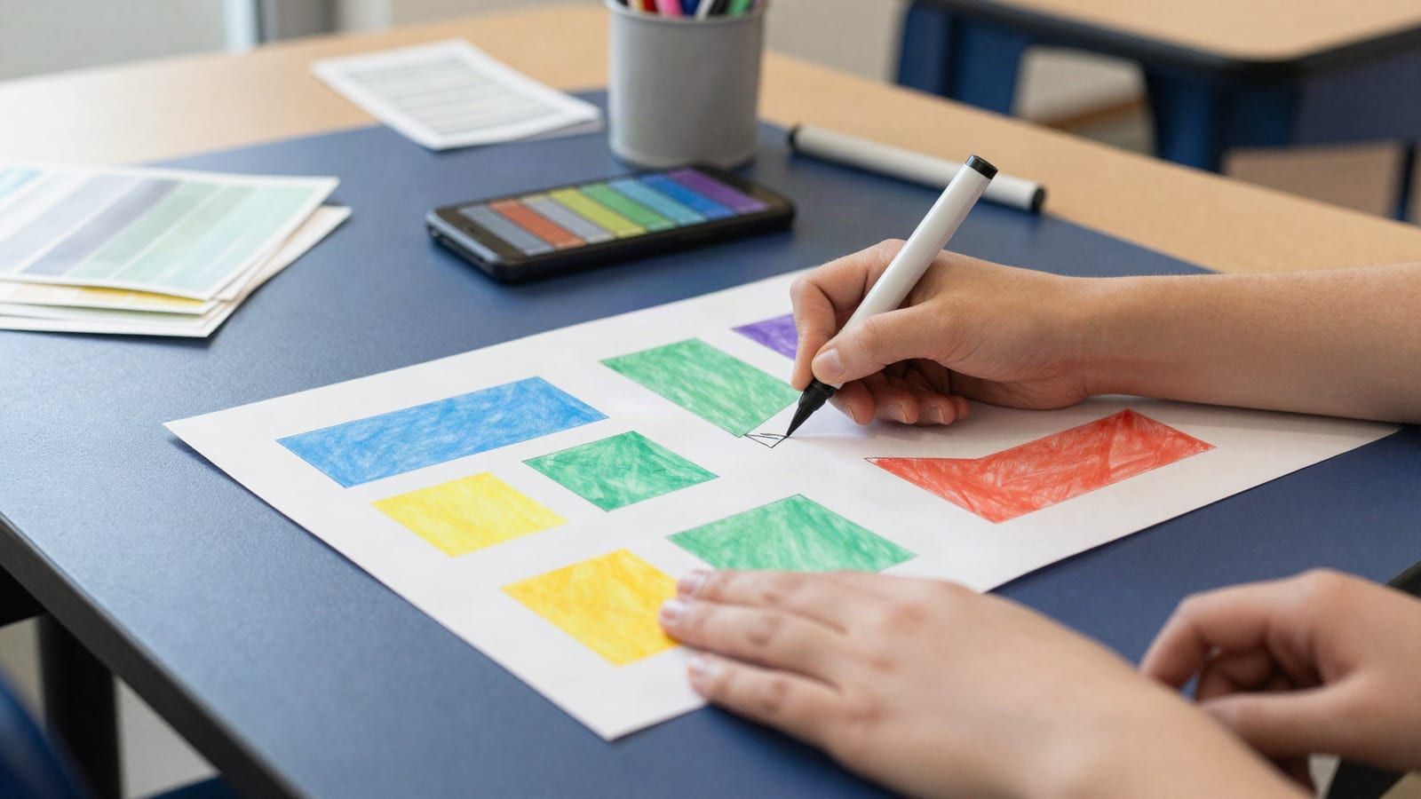 A student's hand sketching a poster layout of coloured blocks with a marker on paper, beside a phone showing a blurred colour palette and a cup of markers.