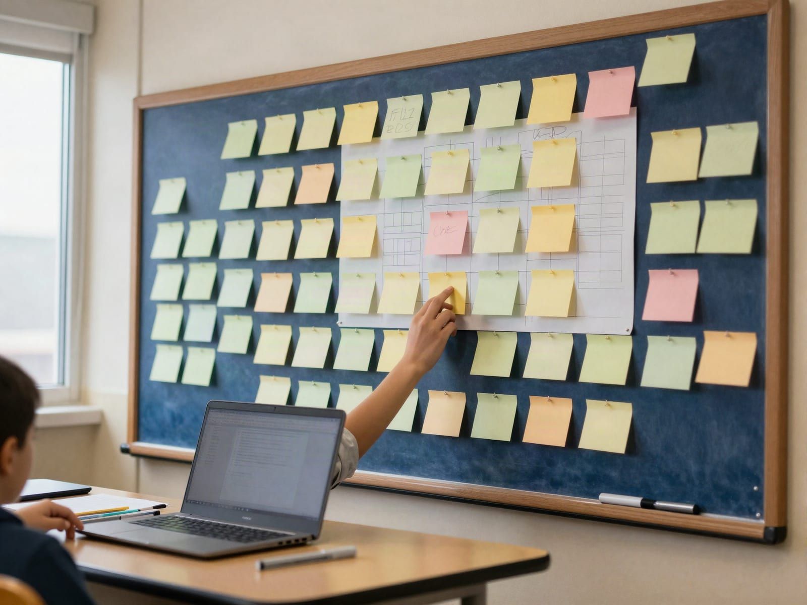 A classroom planning wall covered in colourful sticky notes beside a hand-drawn poster layout sketch of blank shapes, a laptop and markers on the table, and a student's hand placing a sticky note.