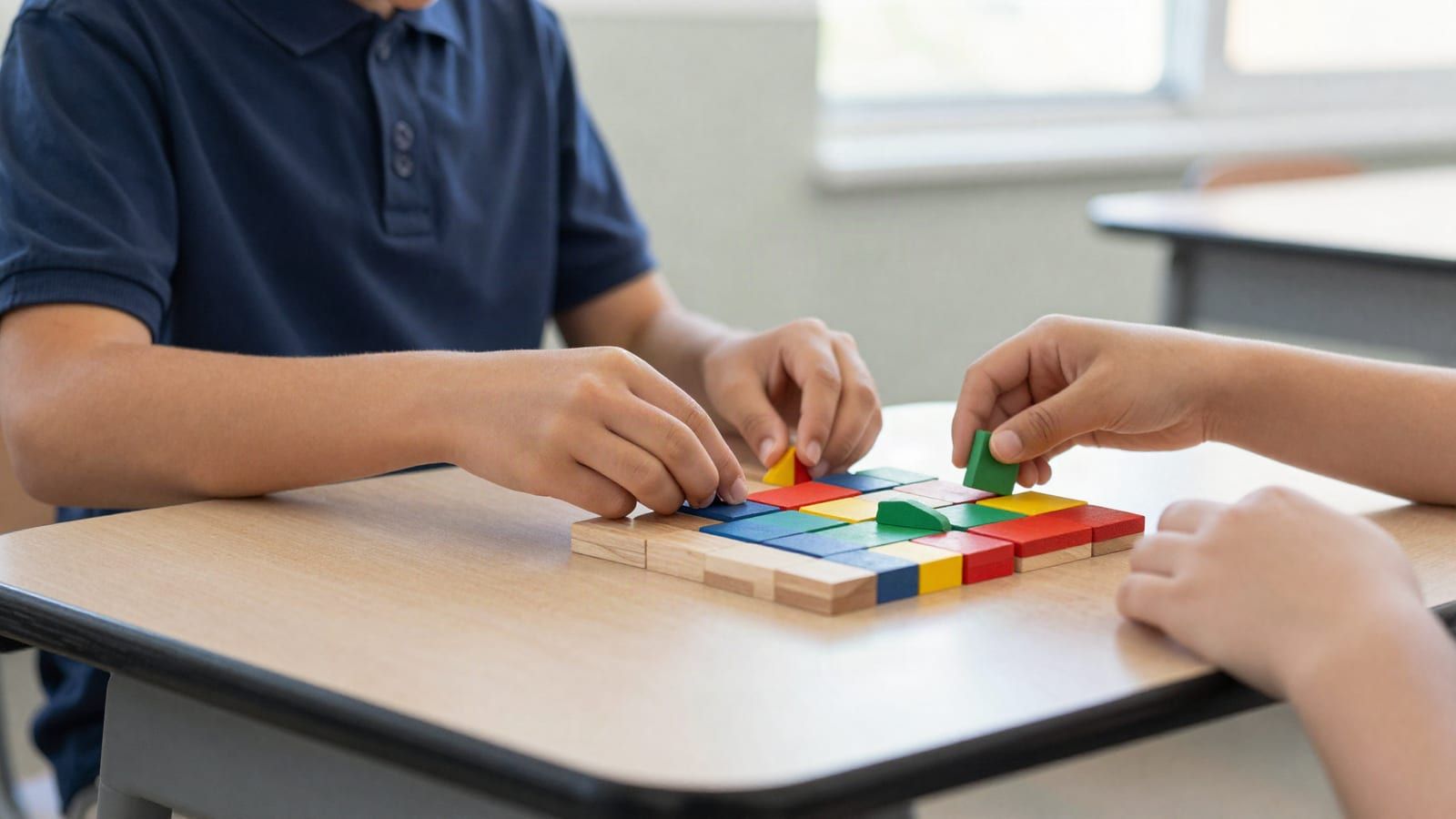 Two students' hands building a pattern from colourful wooden cubes and blocks on a classroom table.