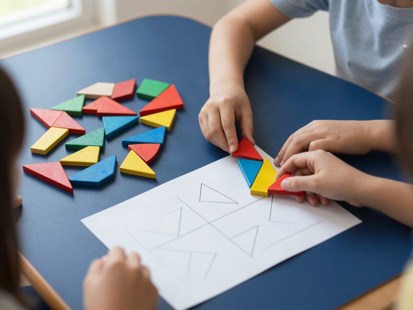 Colourful wooden tangram shapes and geometric puzzle pieces spread across a navy table mat beside a puzzle sheet, with students' hands fitting pieces into the outlines.