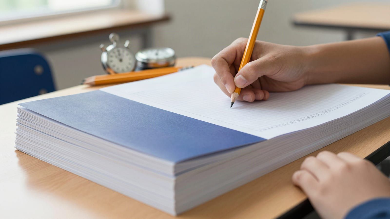 A stack of blank practice booklets, an analogue stopwatch and sharpened pencils on a desk, with a student's hand starting to write on a fresh page of graph paper.