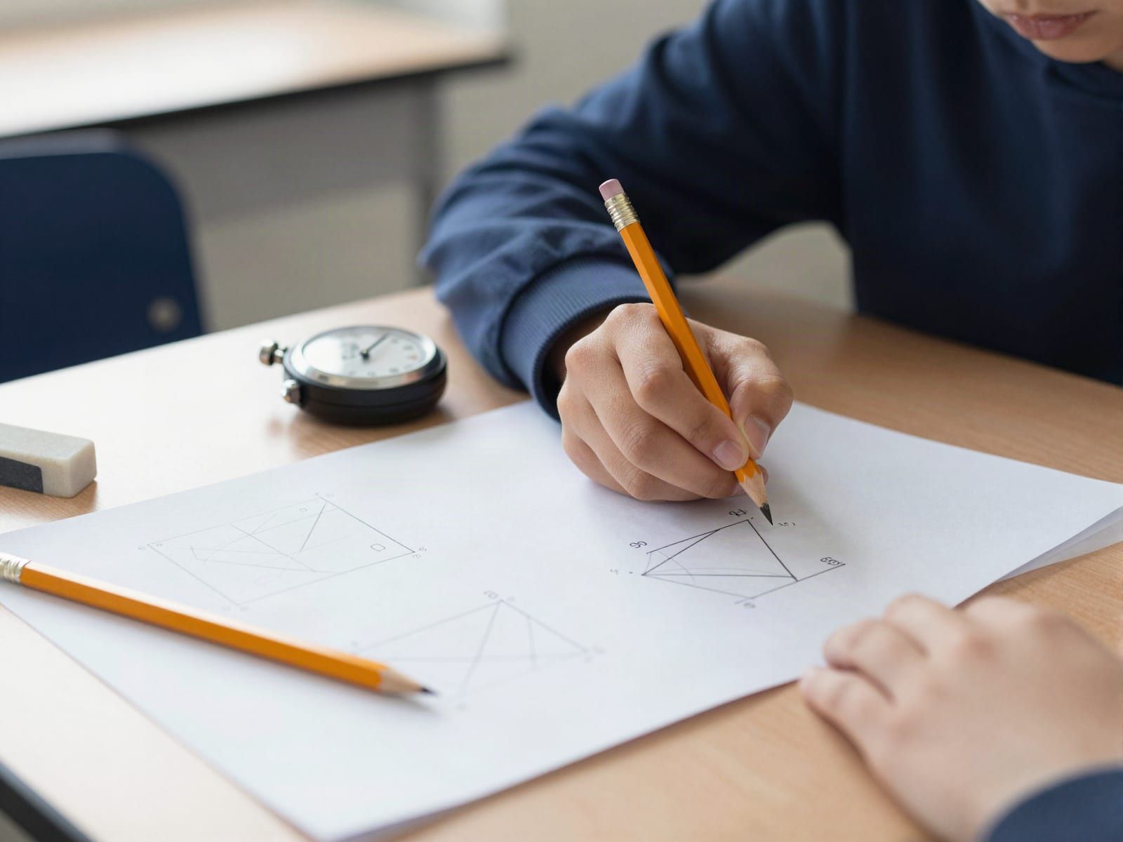 A math competition practice sheet of geometry diagrams with neat pencil working, an analogue stopwatch, sharpened pencils and an eraser on a desk, with a student's hand writing.