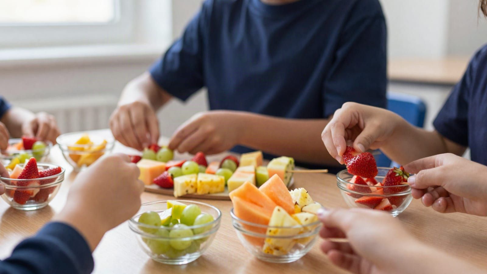 Students' hands assembling fruit skewers from strawberries, melon, grapes and pineapple, with small glass bowls of fruit on a classroom table.