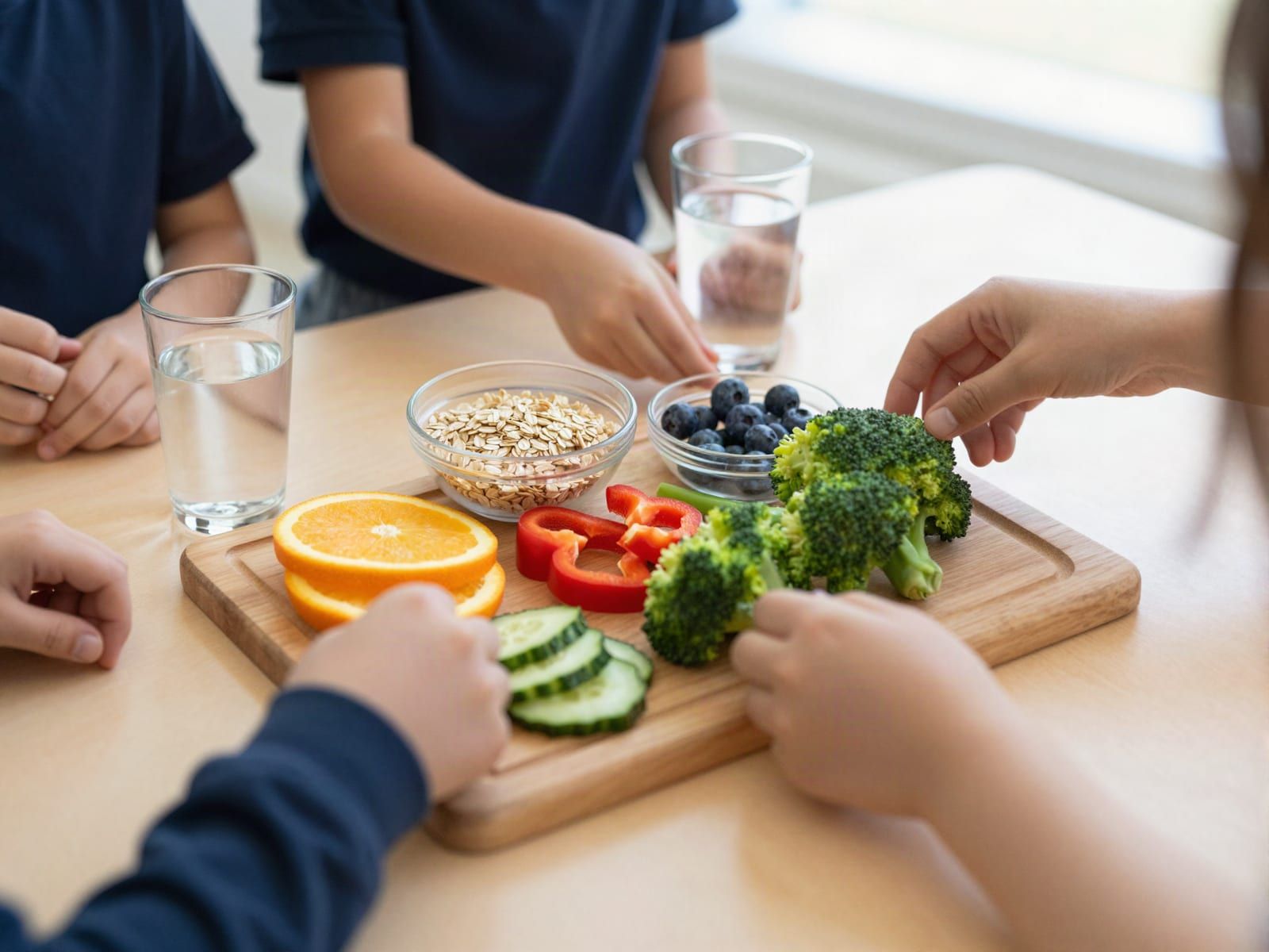 A wooden board of sliced orange, cucumber, red pepper and broccoli with small bowls of oats and blueberries and glasses of water on a classroom table, with students' hands reaching in.
