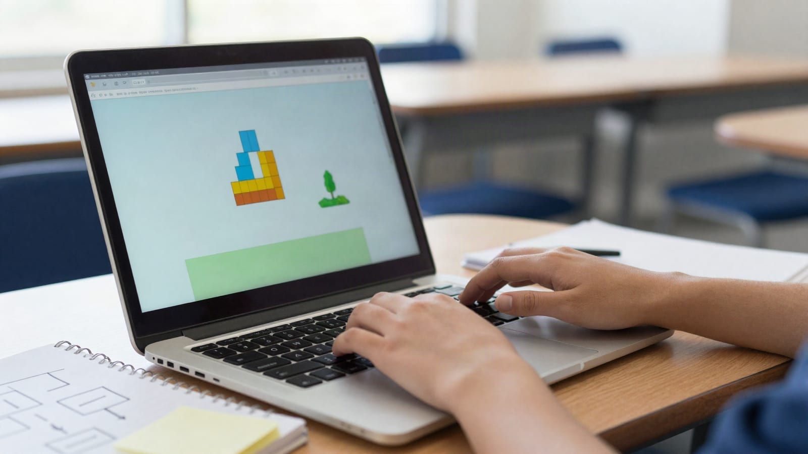 A student's hands typing on a laptop whose screen shows a simple, softly blurred game of coloured blocks, with a notebook flowchart and blank sticky notes beside it.