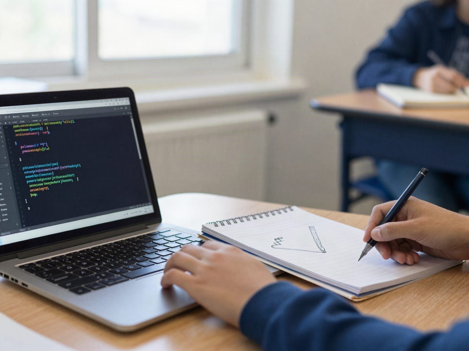 A laptop on a classroom desk showing a short program with colourful syntax highlighting, the screen softly out of focus, a spiral notebook with a pencil sketch of a simple game beside it, and a student's hands on the keyboard.