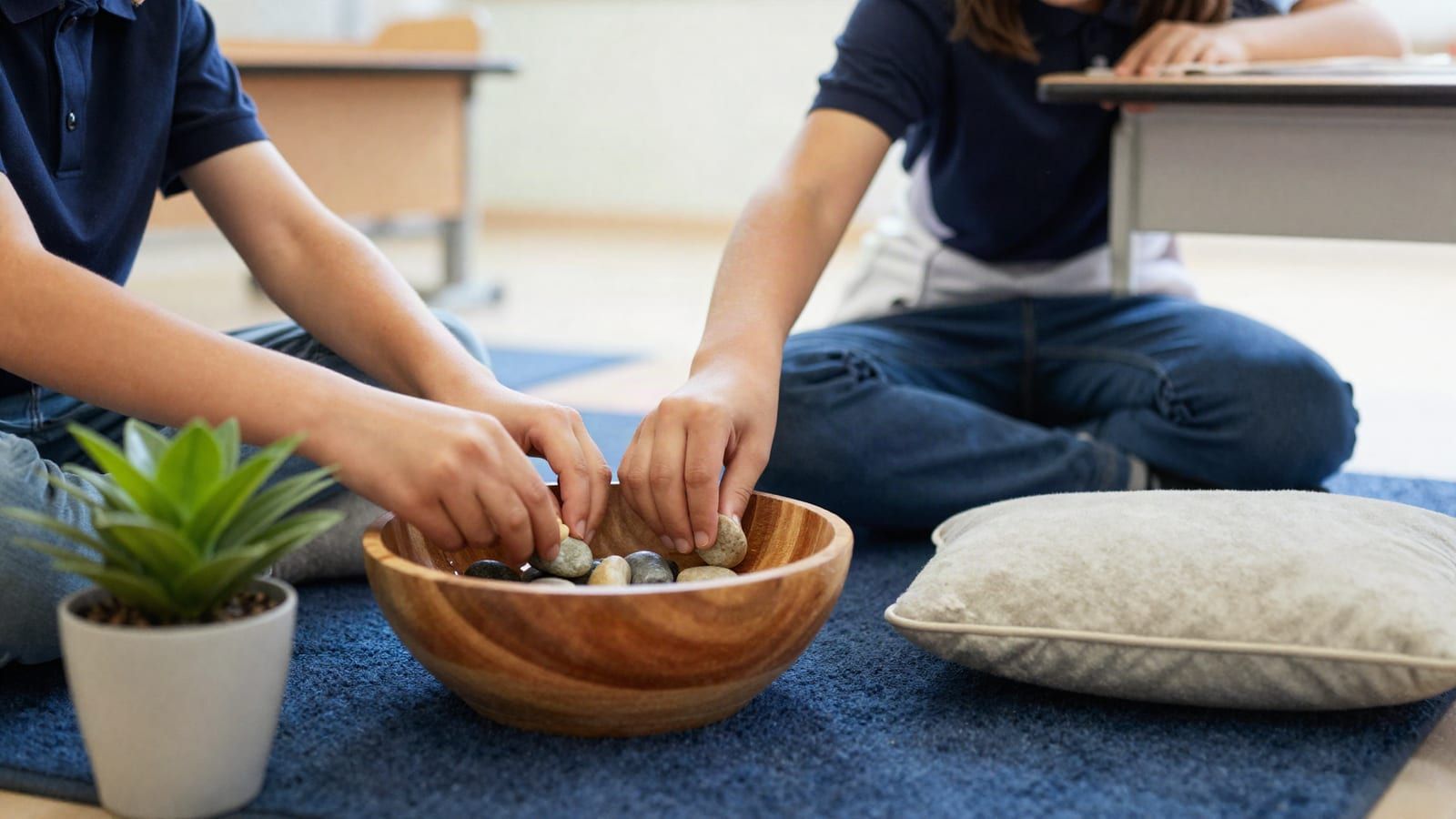 Two students' hands placing smooth stones into a shared wooden bowl on a blue classroom rug, with a small potted plant and a cushion nearby.