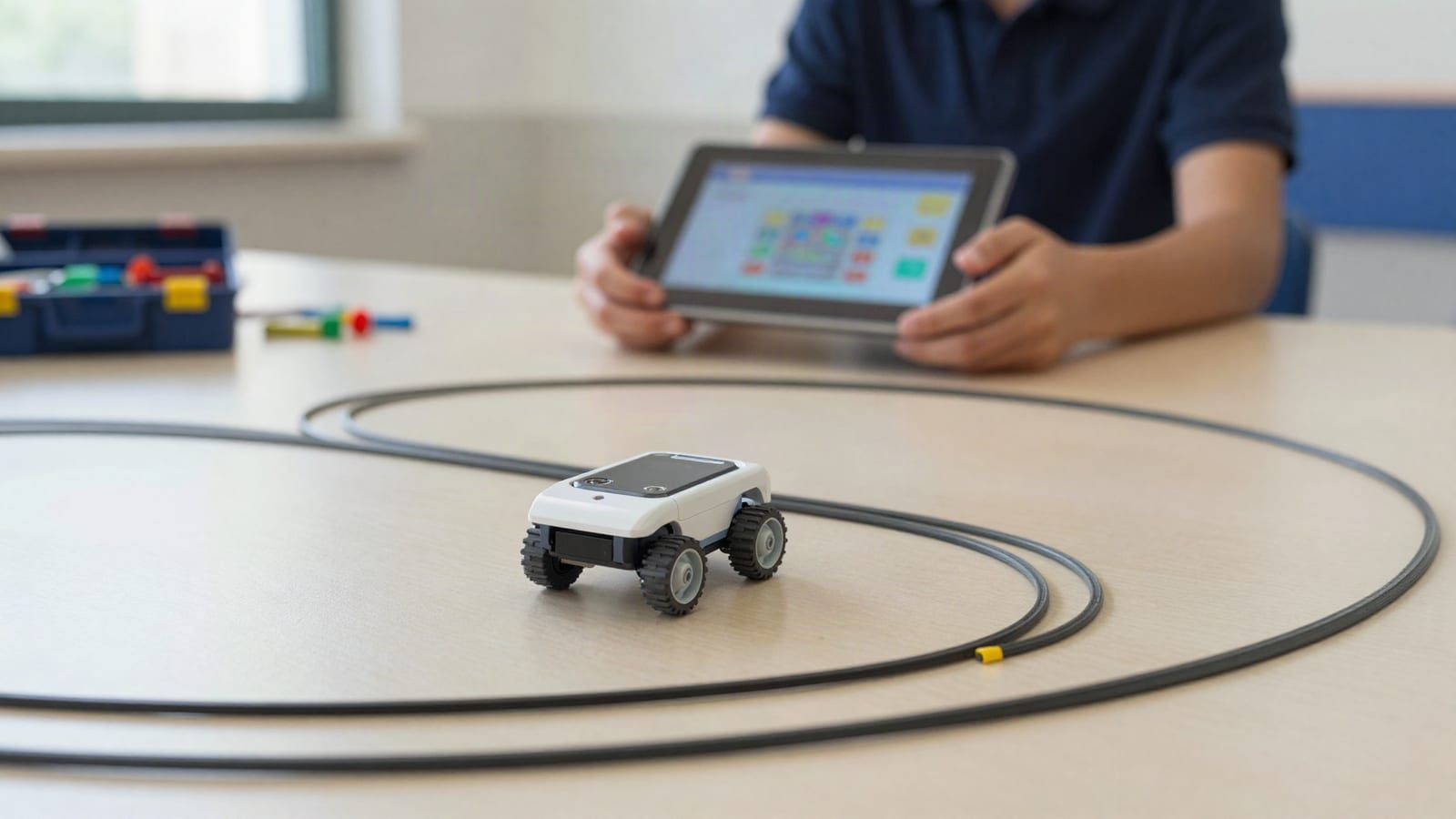 A small white wheeled robot following a curved tape track across a classroom table, with a student's hands holding a tablet above it and a box of colourful parts nearby.