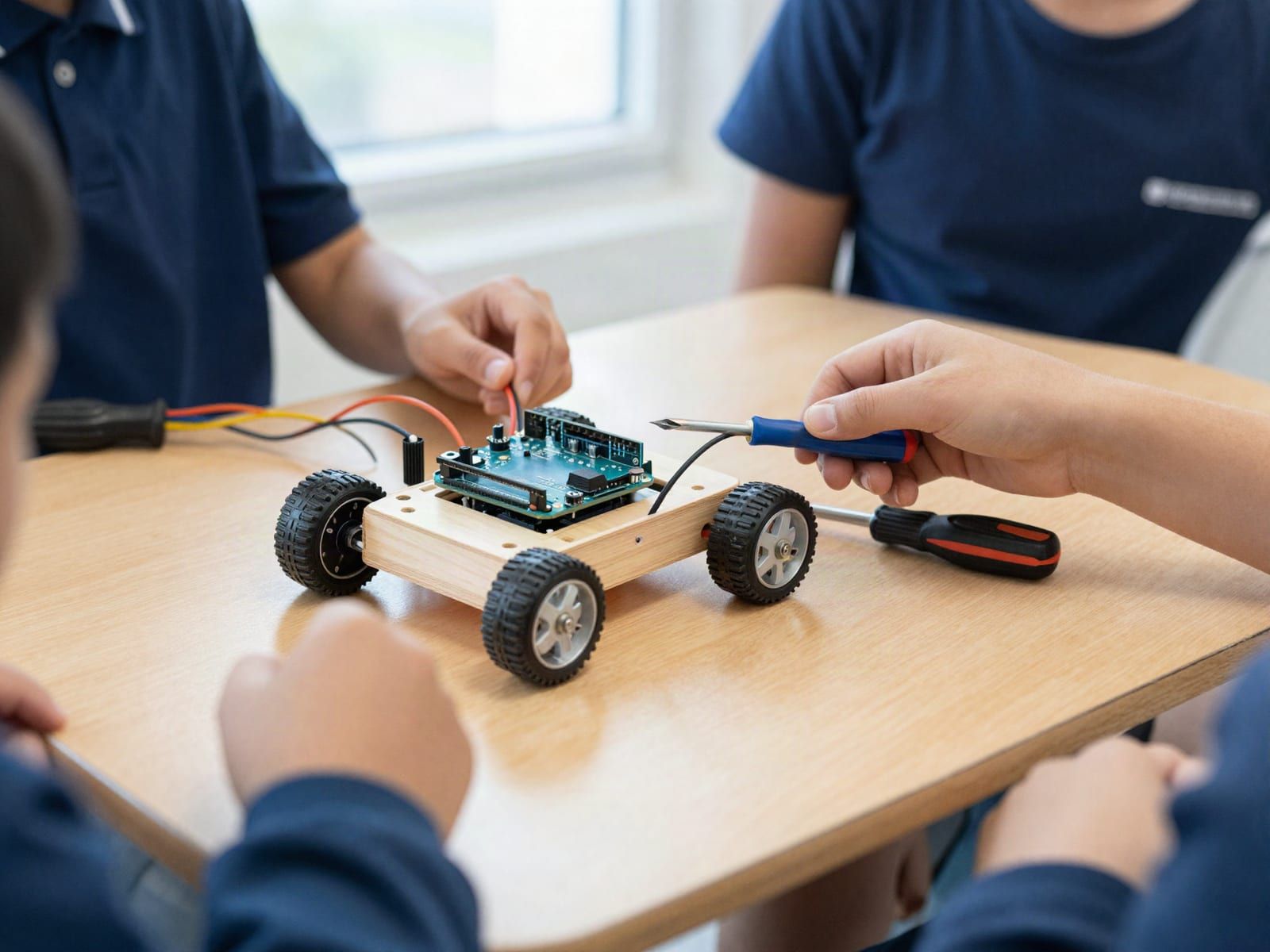 A small wheeled educational robot kit half-assembled on a light wood table, with a microcontroller board, colourful jumper wires and a screwdriver, and two students' hands working on it together.