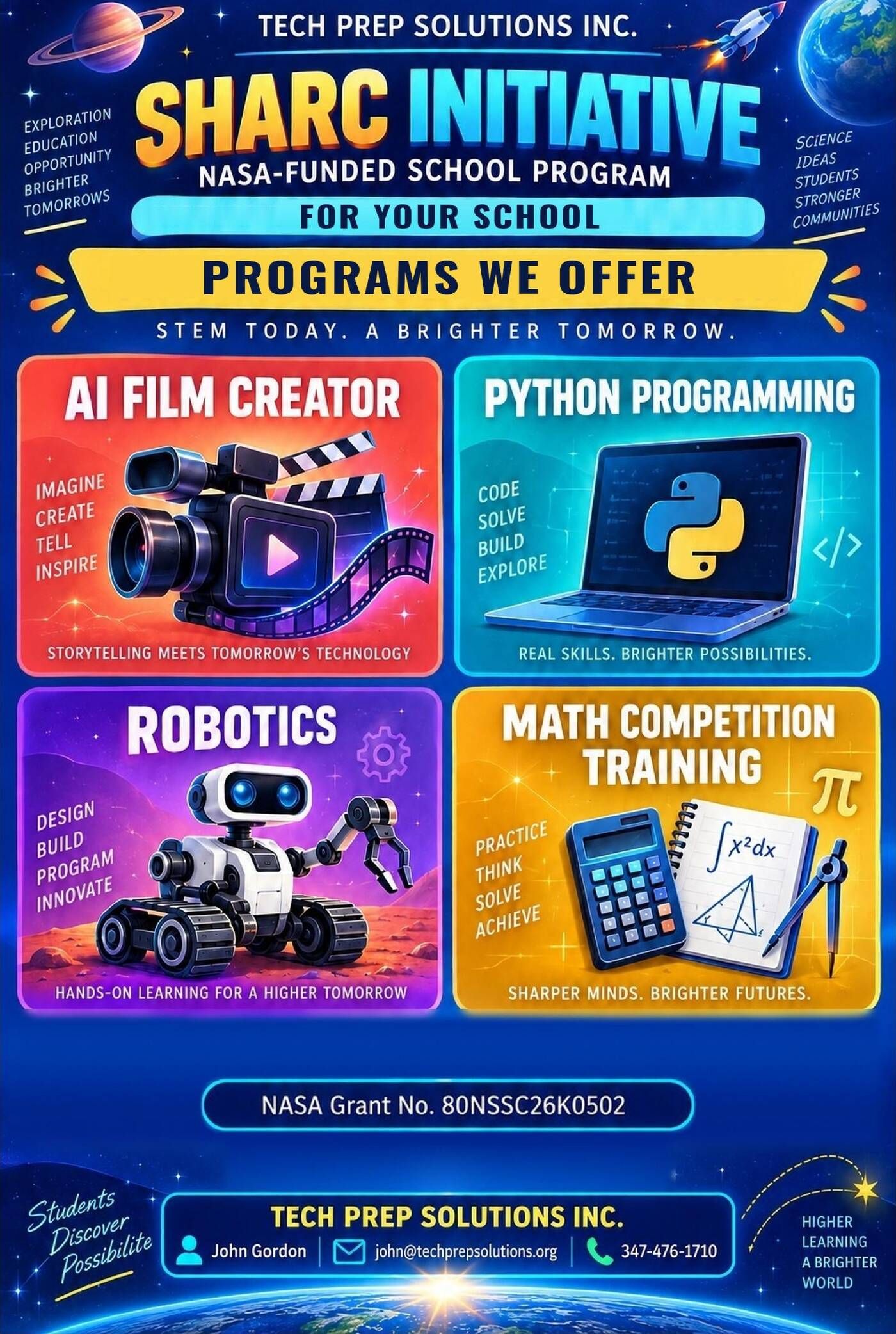 S.H.A.R.C. Initiative flier, page one: Programs We Offer. Cards for AI Film Creator, Python Programming, Robotics and Math Competition Training, with the tagline STEM Today. A Brighter Tomorrow.