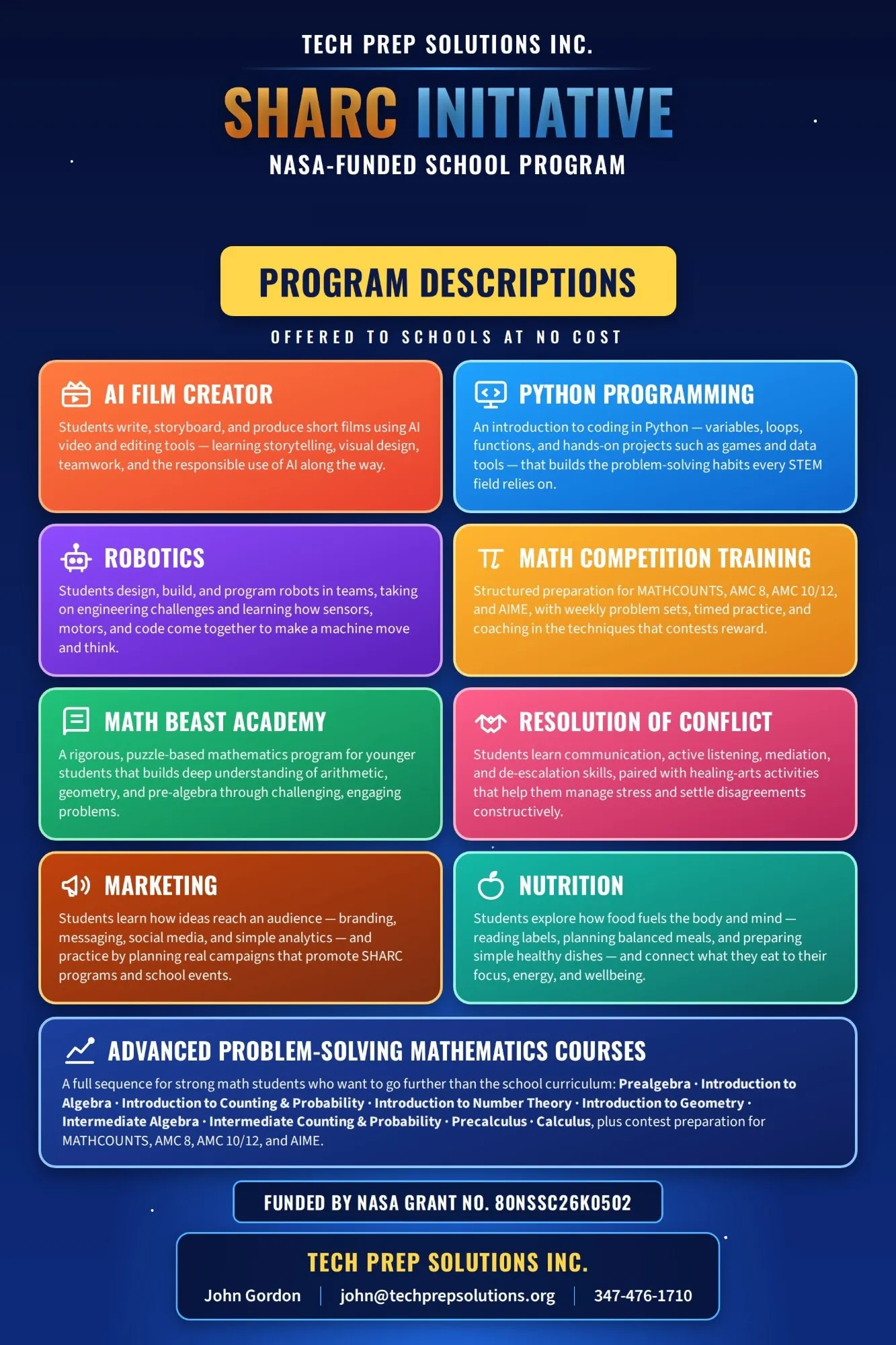 S.H.A.R.C. Initiative flier, page two: Program Descriptions. A short description of each of the nine programs, offered to schools at no cost.